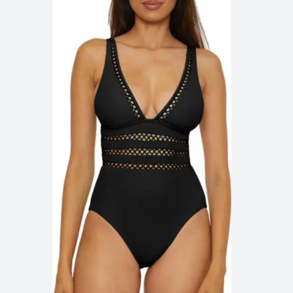 NWT Becca Black Modern Edge Open Knit Inset Toni Plunge One Piece Swimsuit Sz M